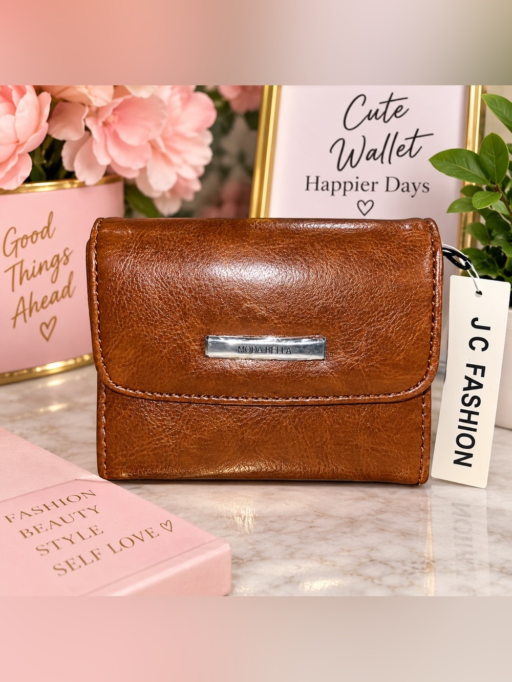 NWT Moda Bella Honey Brown Faux Leather Trifold Wallet Coin Pocket